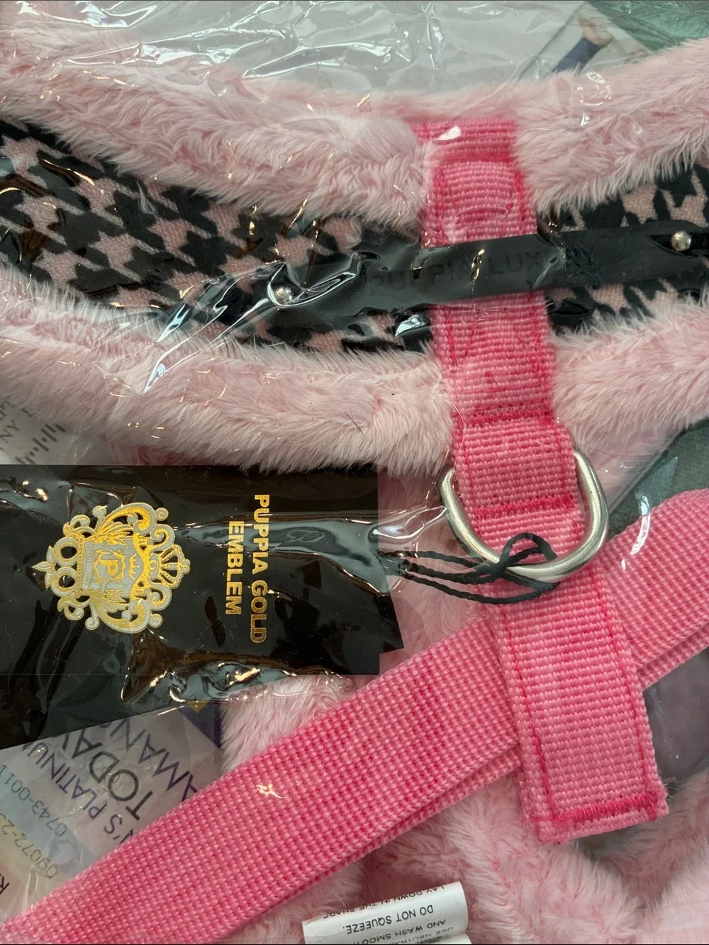 Puppia Pink and Black Houndstooth Plush Dog Harness with Gold Emblem